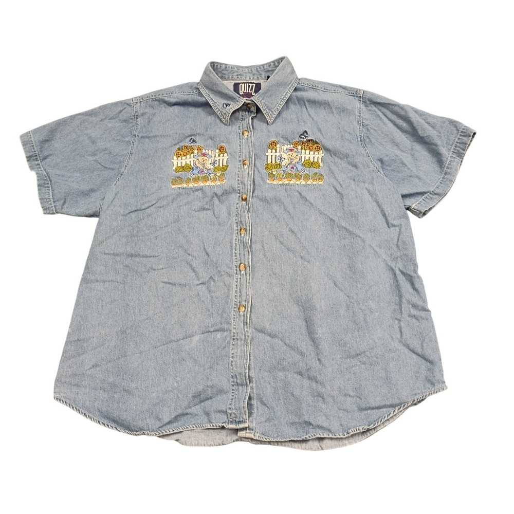 Quizz Denim Button Down‎ Shirt Womens Medium Blue Embroidered Garden Teddy Bear
